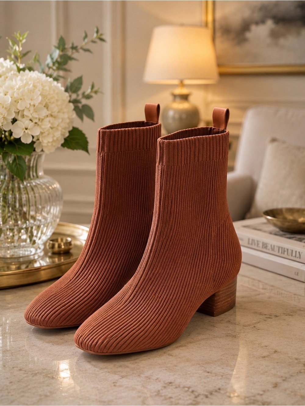 Joie Ribbed Knit Ankle Boots in Burnt Brown